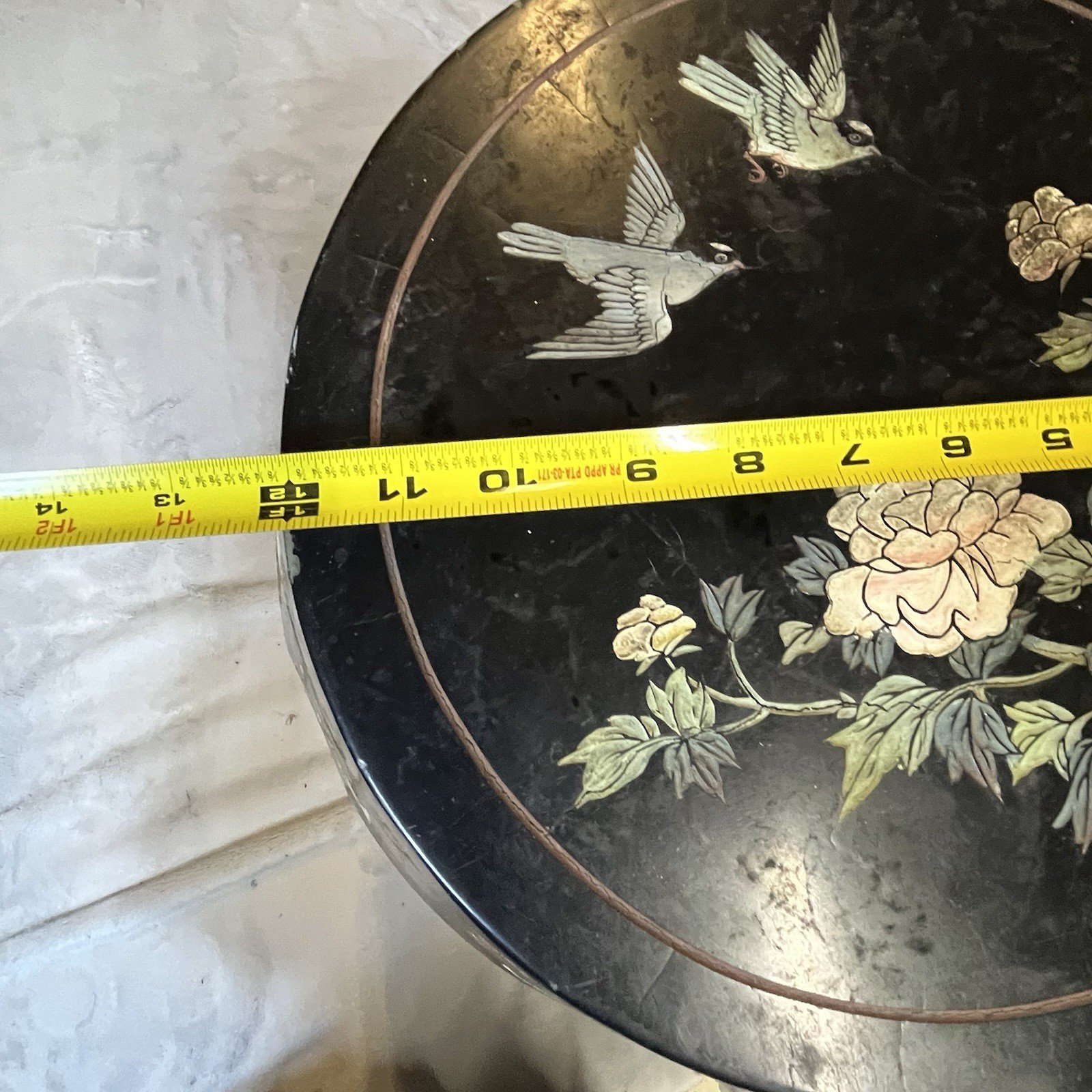 Vintage Chinese Lacquer Wood Side Table Stool Hand Carved Painted Hong Kong 18”