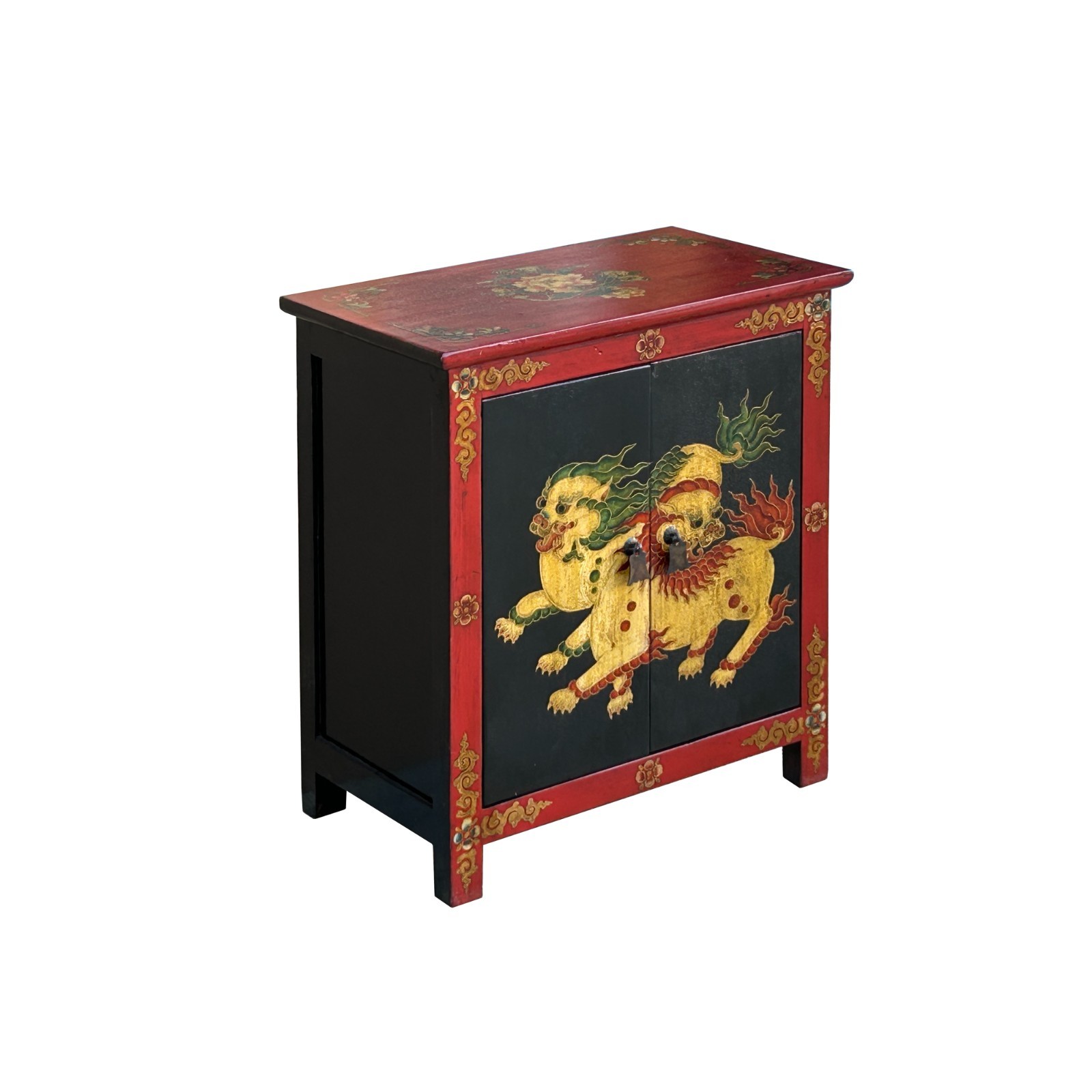 Tibetan Oriental Black Red Foo Dogs Lions End Table Nightstand GB164