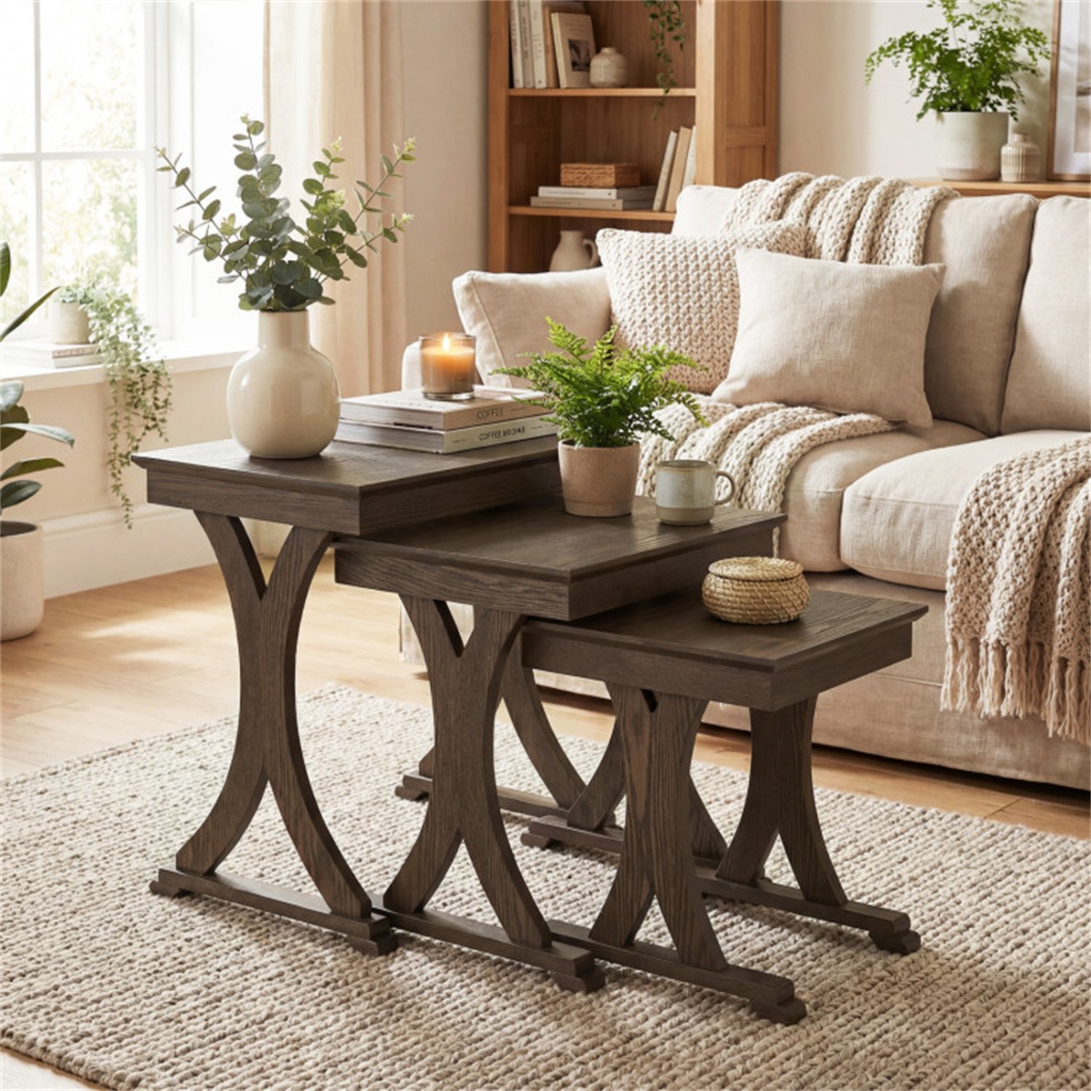 3Piece Nesting Coffee Table Set Space-Saving with Vintage Wood-Like Finish