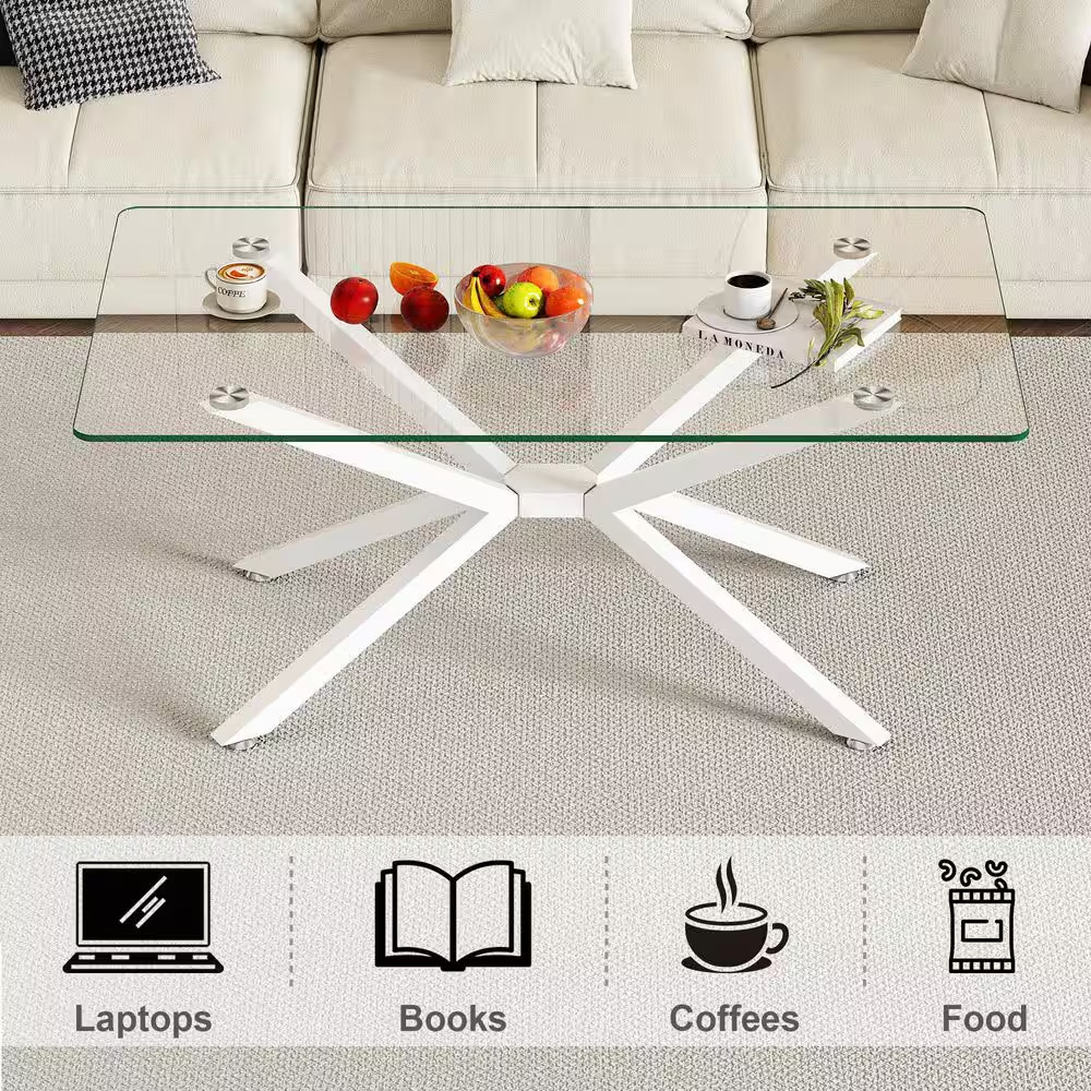 Modern Living Room Center 39 In. White/Clear Rectangle Tempered Glass Coffee Tab