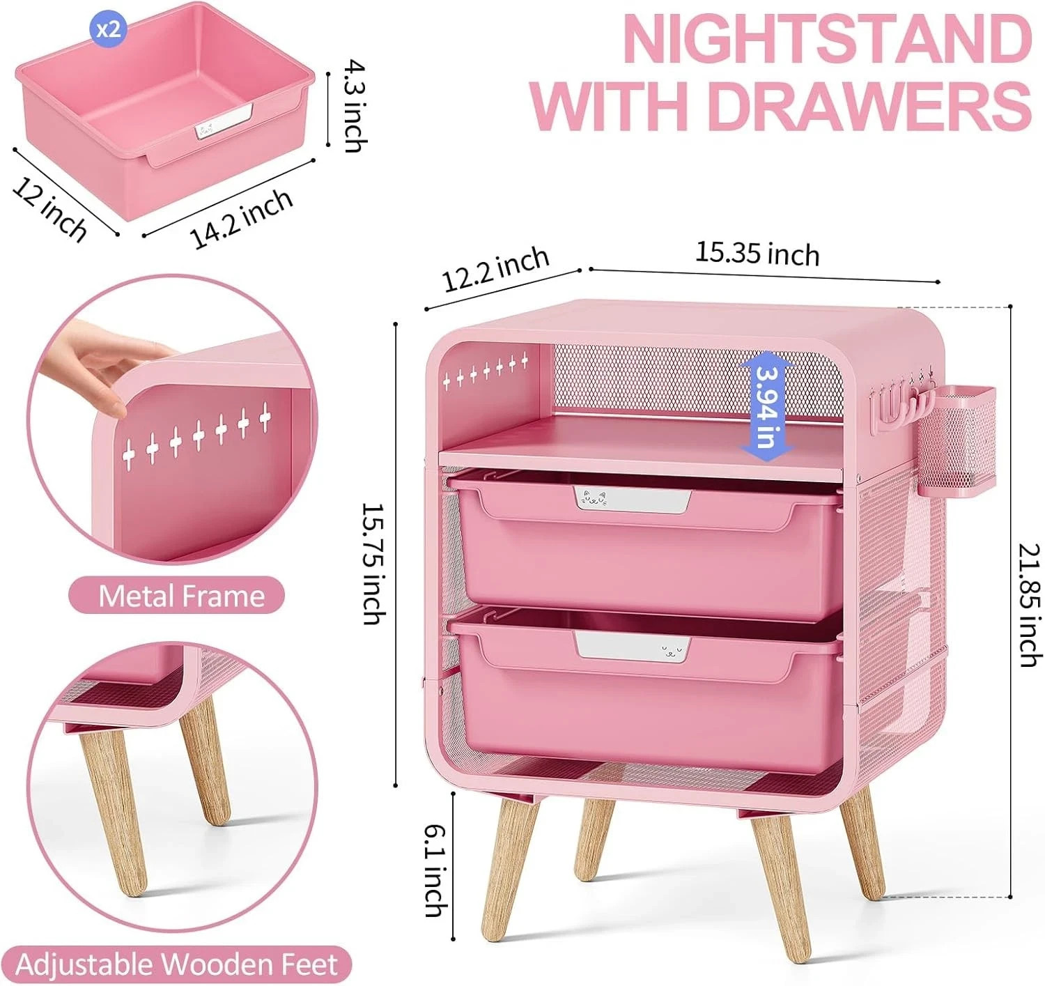 Pink Nightstand,Cute End Table with Storage Drawer,Kids Nightstand for