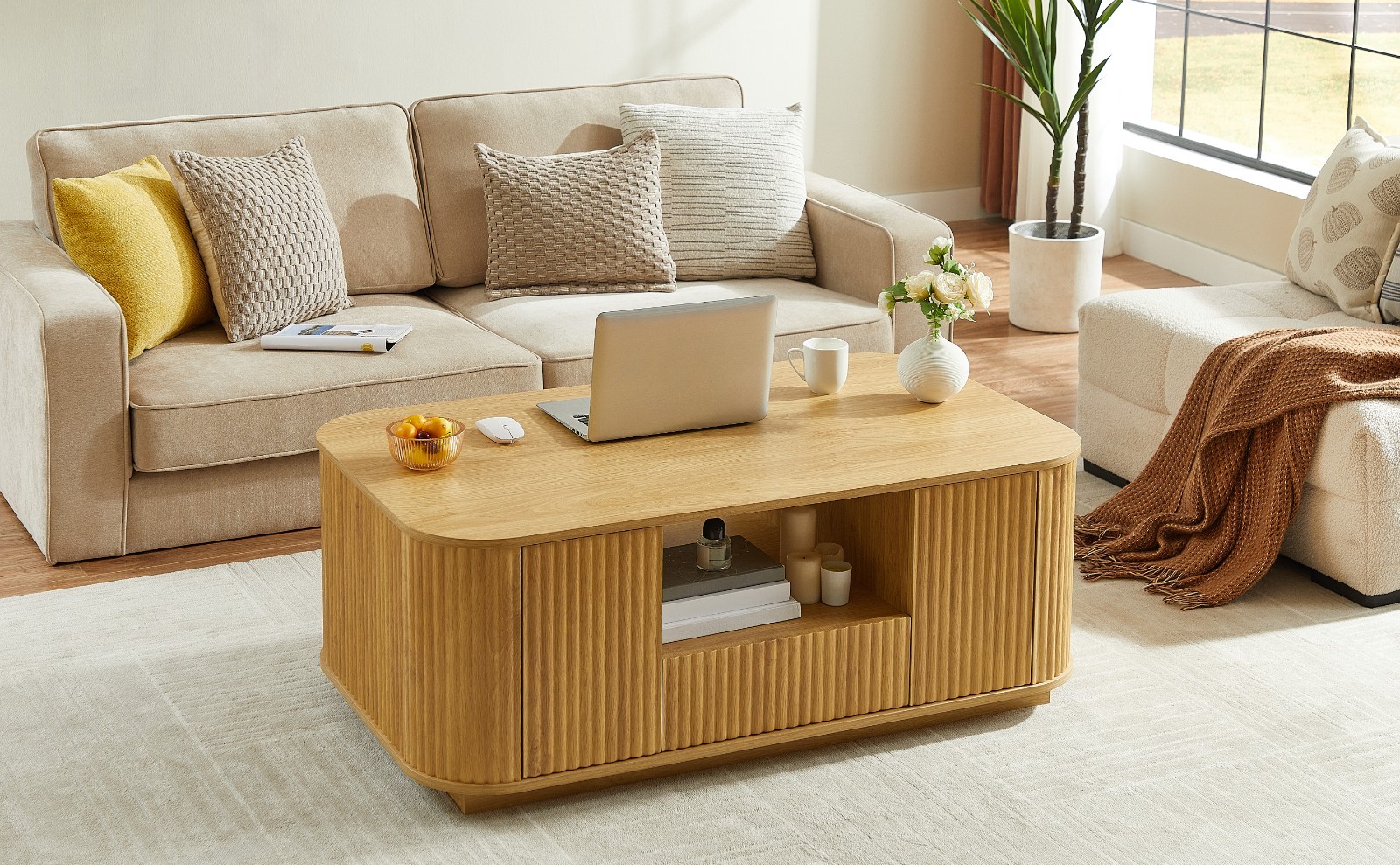 Modern Oval Coffee Table Center Table With Storage Drawers Doors For Living Room