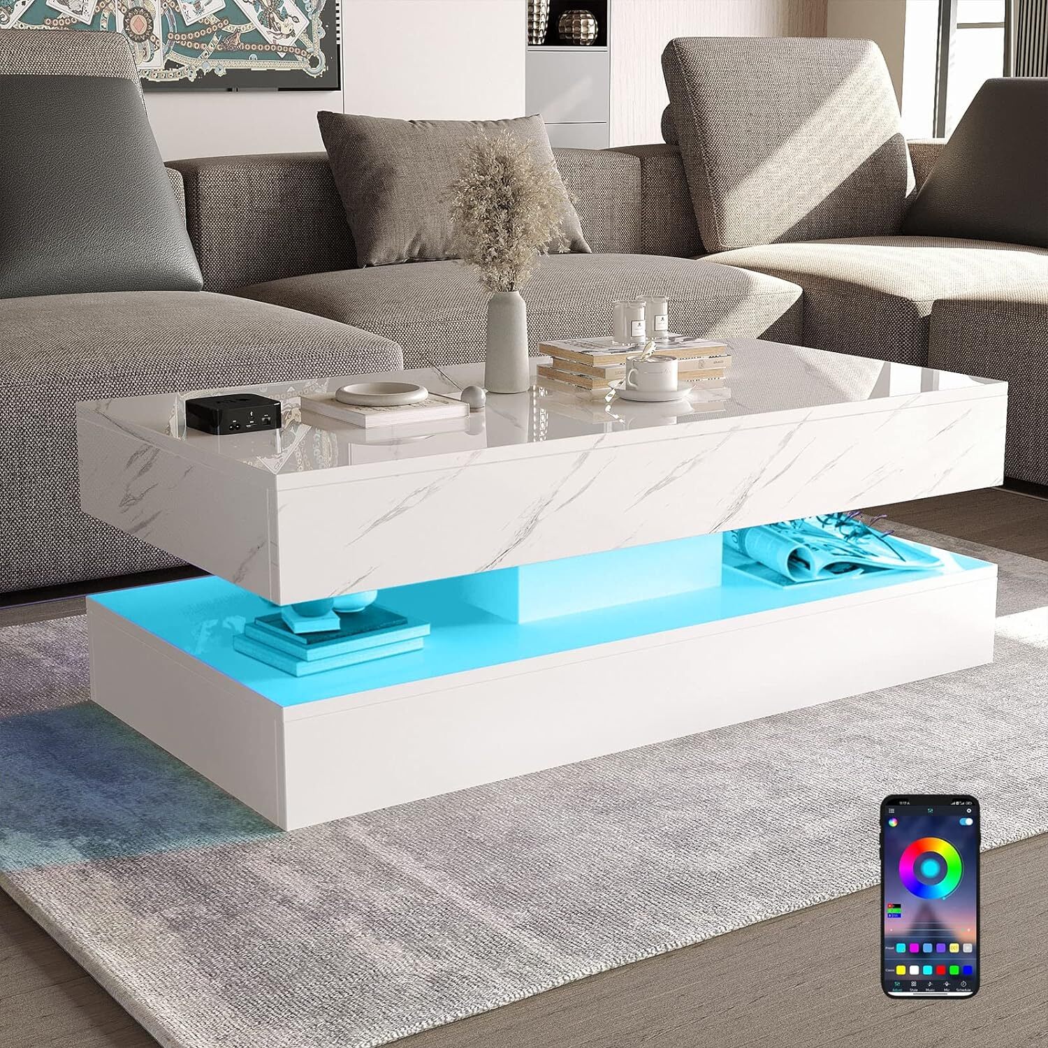 47.3″ Modern High Glossy LED Coffee Table with 2 Storage Drawers, APP LED Lights