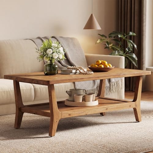 Solid Wood Coffee Table, 47-Inch Living Room Center Warm Cedar Brown Finish