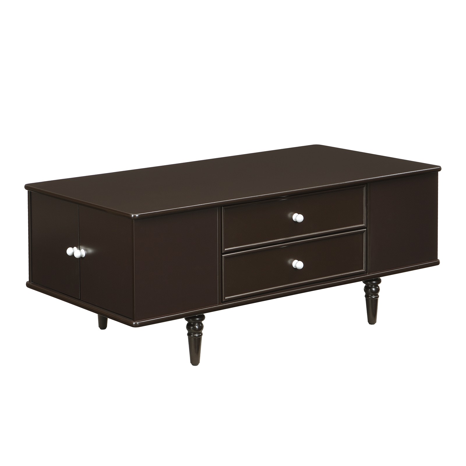 A rectangular coffee table with four drawers and two hidden storage compartments