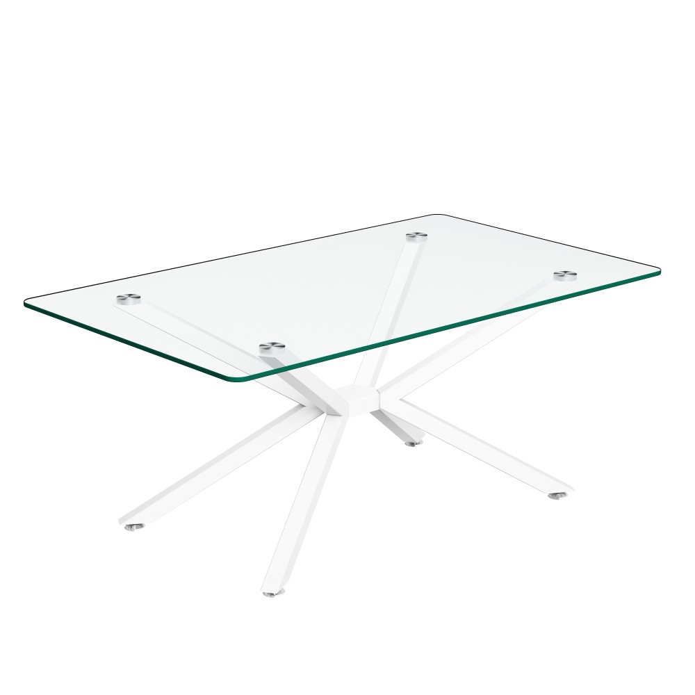 39.37″ Clear Glass Coffee Table w/ White Metal Legs for Living Room