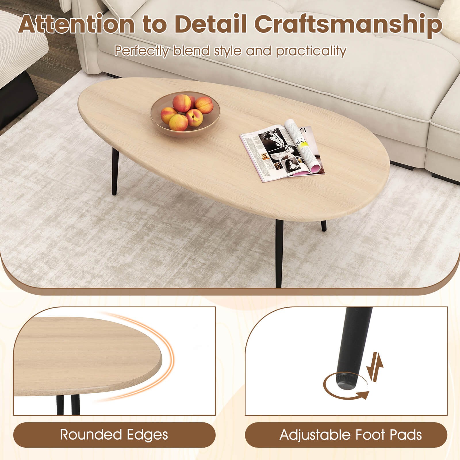 Oval Coffee Table w/Sturdy Metal Construction & Compact Design, Retro Sofa Table