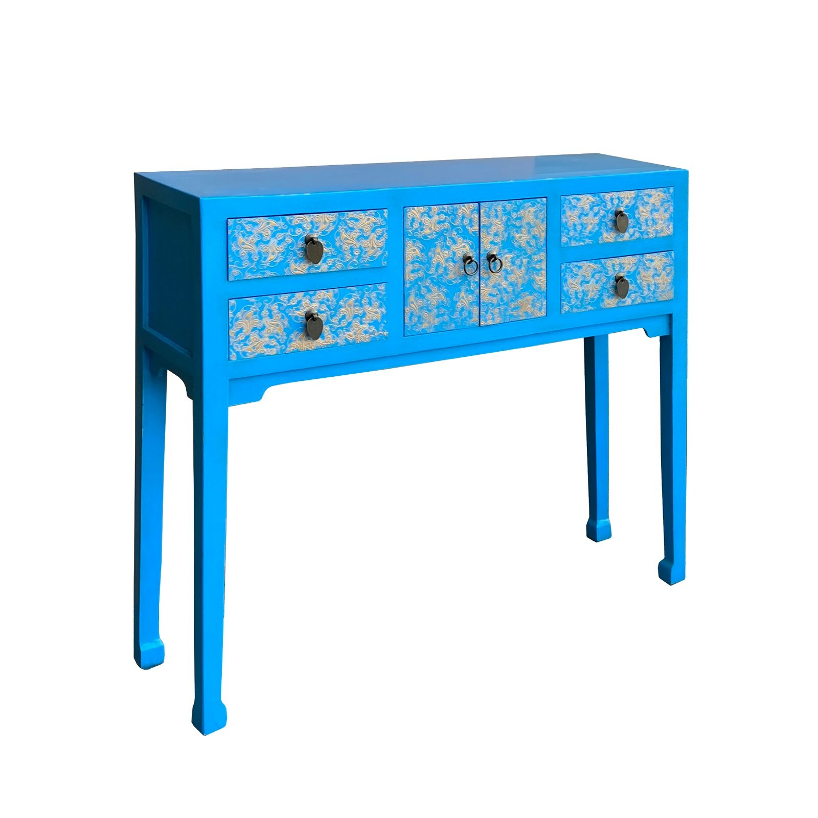 Bright Blue Lacquer Golden Flower Graphic Drawers Slim Foyer Side Table cs7146