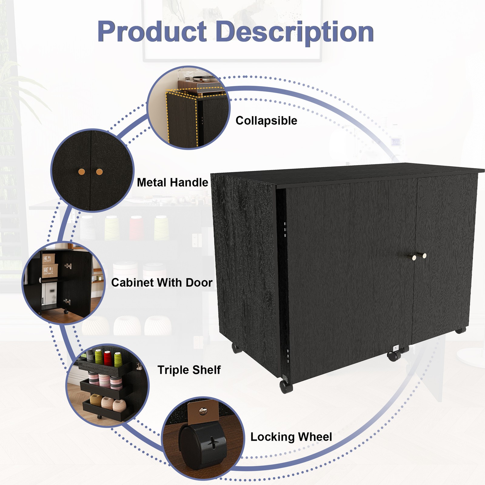 Foldable Sewing Machine Table with Locking Casters 57.5 Inch Black Craft Station