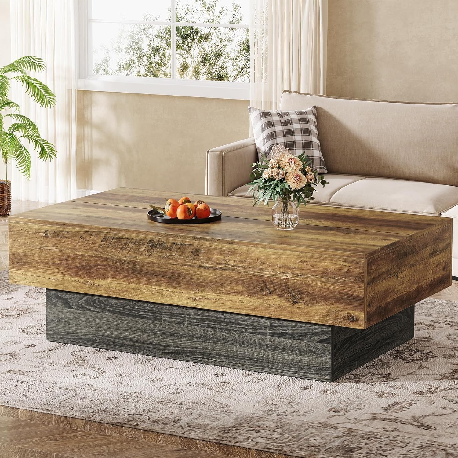 55-Inch Farmhouse Wood Coffee Table, Large Rectangle Tea Table for Living Room