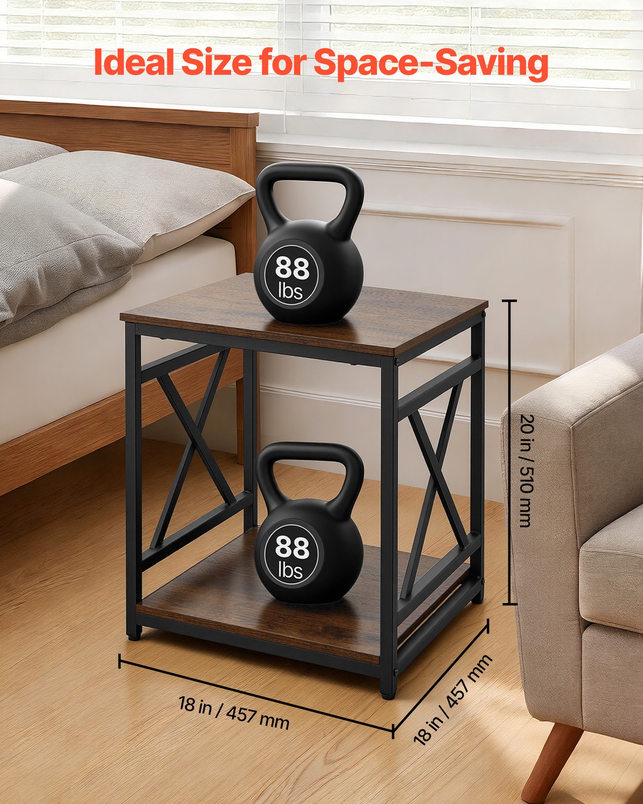 VEVOR End Table 2-Tier Square Side Table with Open Storage Shelves X Metal Frame