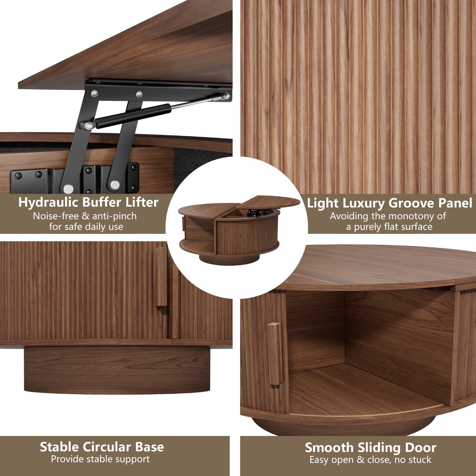 Lift Top Round Coffee Table with Hidden Storage/Sliding Cabinet Doors