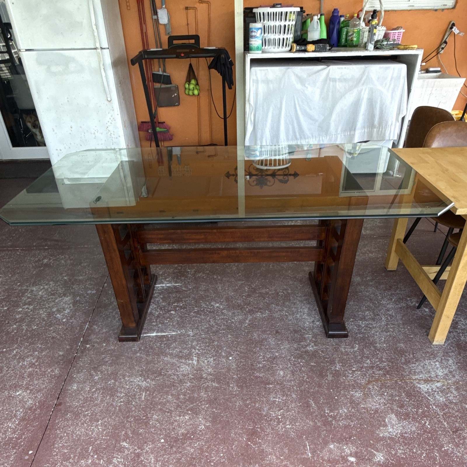Rectangular Glass Top Dining Table, Medium Brown Wood Base 62x36x29 in
