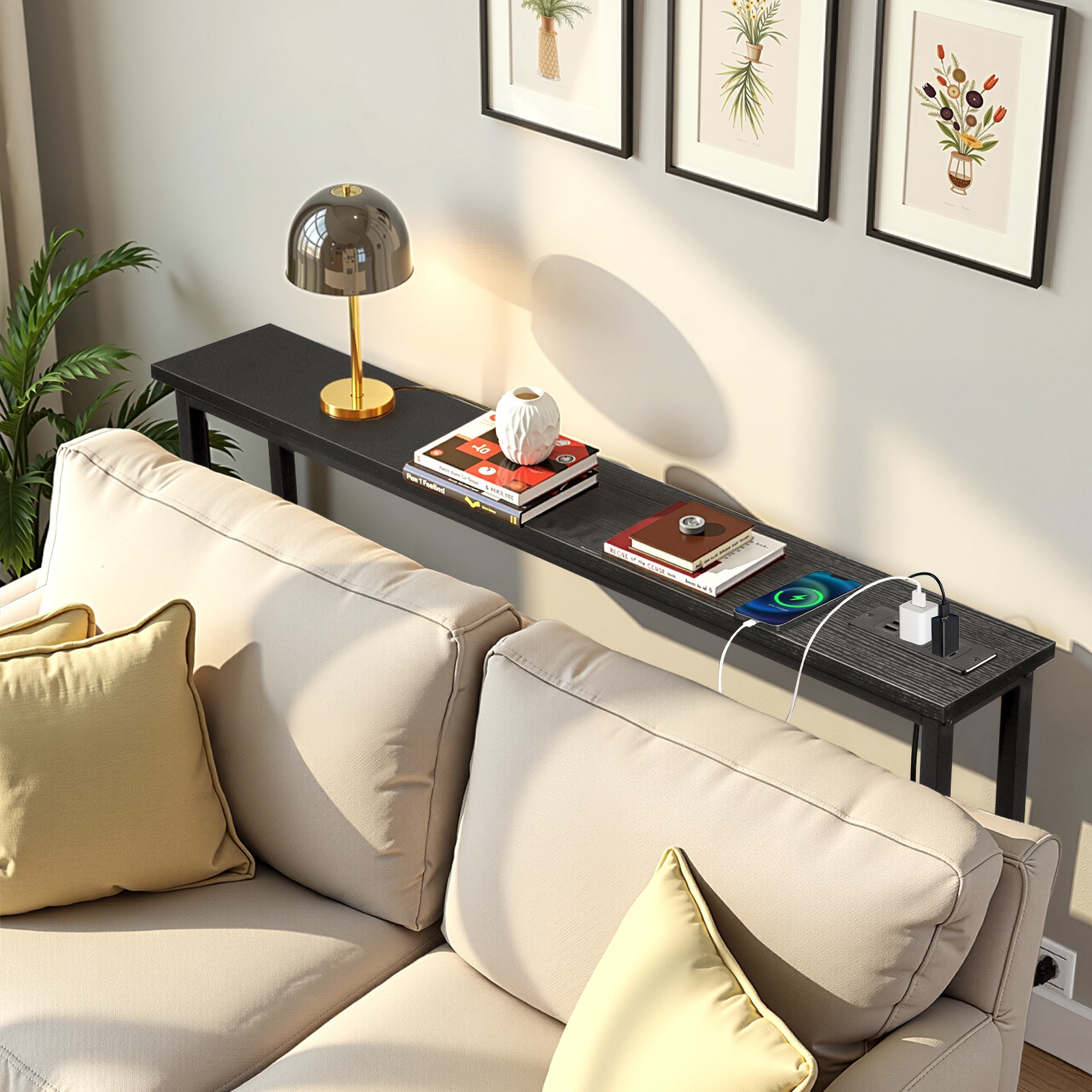 39.4″ Narrow Console Sofa Table with Power Outlets and USB Ports, Black
