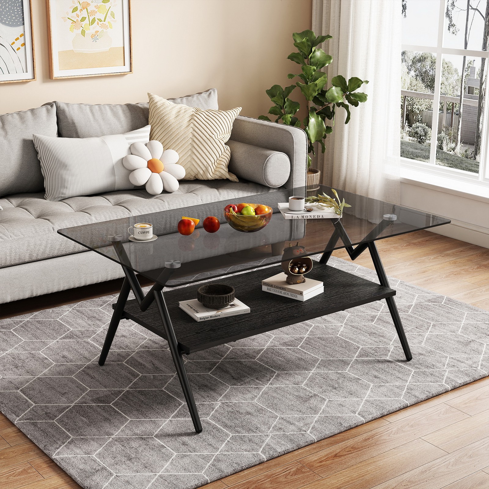 W38.6″ Tempered Glass Metal Legs Coffee Table Sofa Cocktail Centre Table w Shelf
