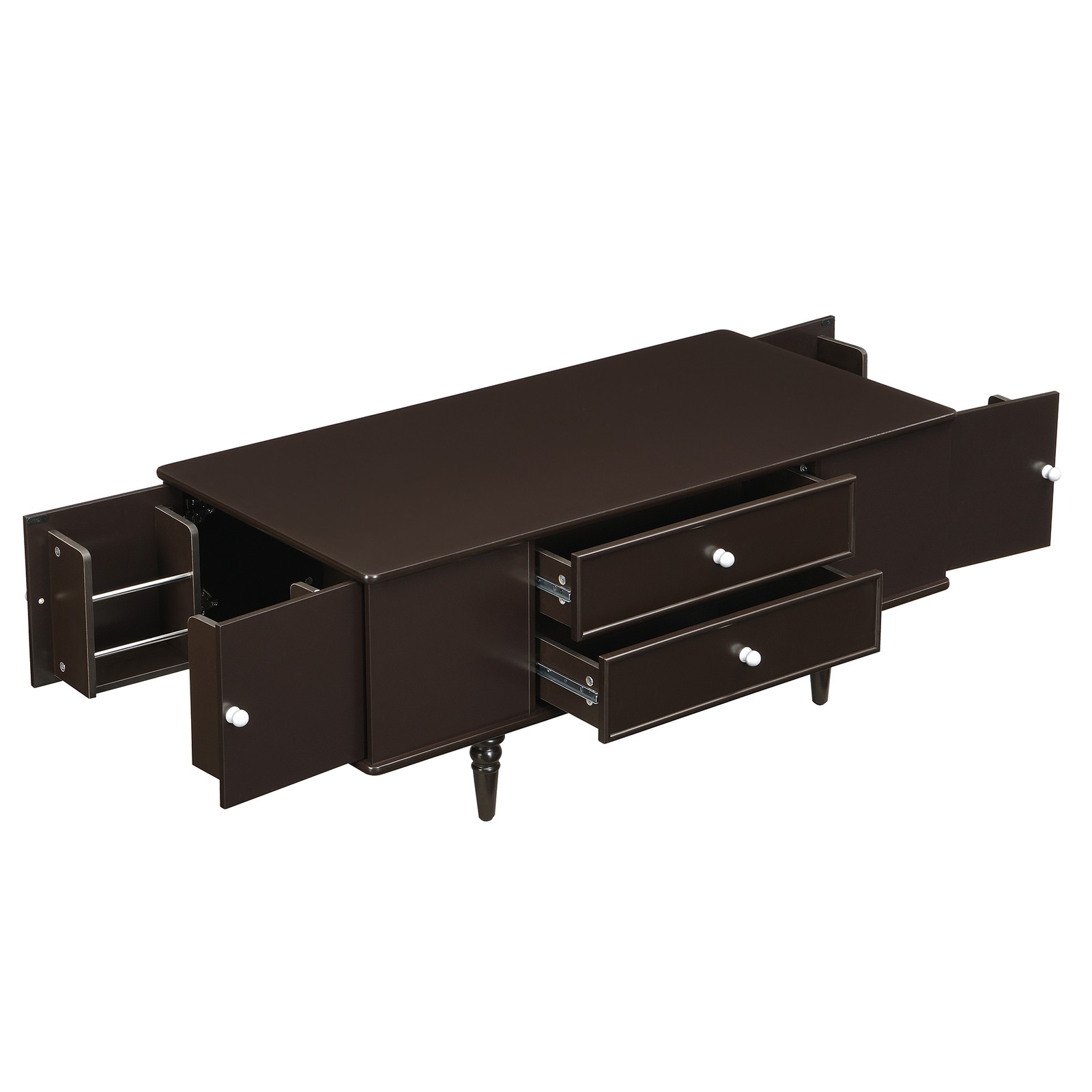A rectangular coffee table with four drawers and two hidden storage compartments